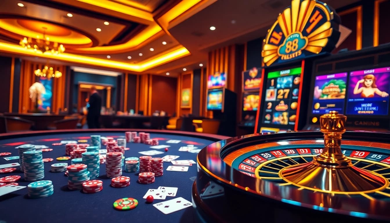Experience thrilling gaming with RR 88, vibrant casino tables, poker chips, and digital slot machines.