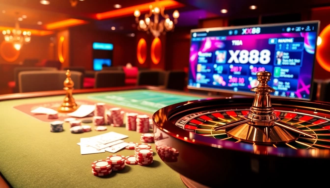 Experience the thrill of XX88 with sleek poker chips and a vibrant casino table.