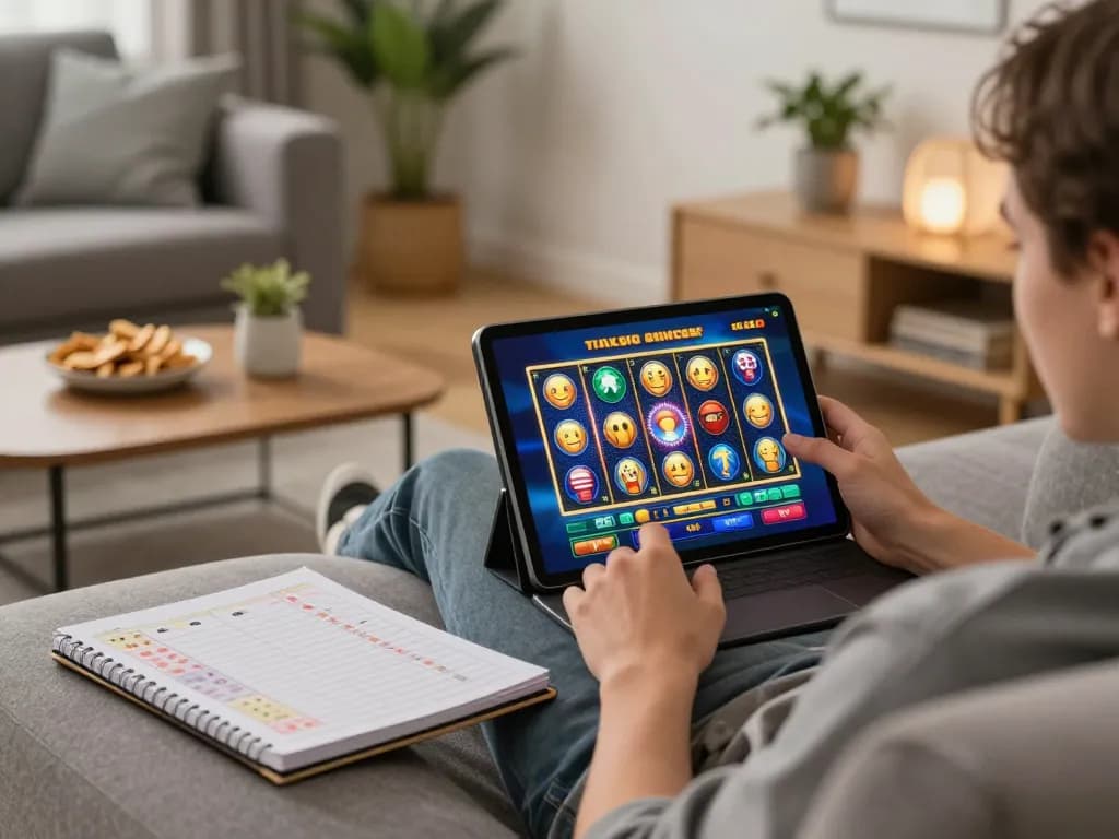 Engaging in an exciting slot online game on a tablet in a cozy home setting with snacks and strategies.