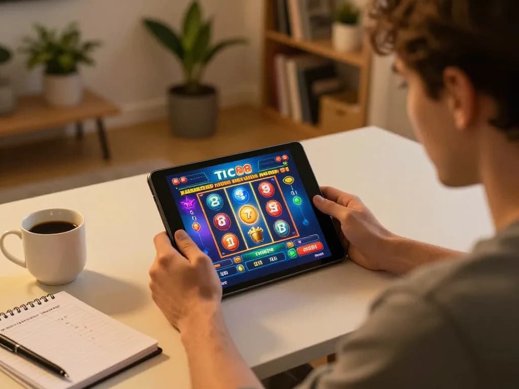 Player engaging with tic88 online casino game on tablet, surrounded by strategic betting notes in cozy setting.