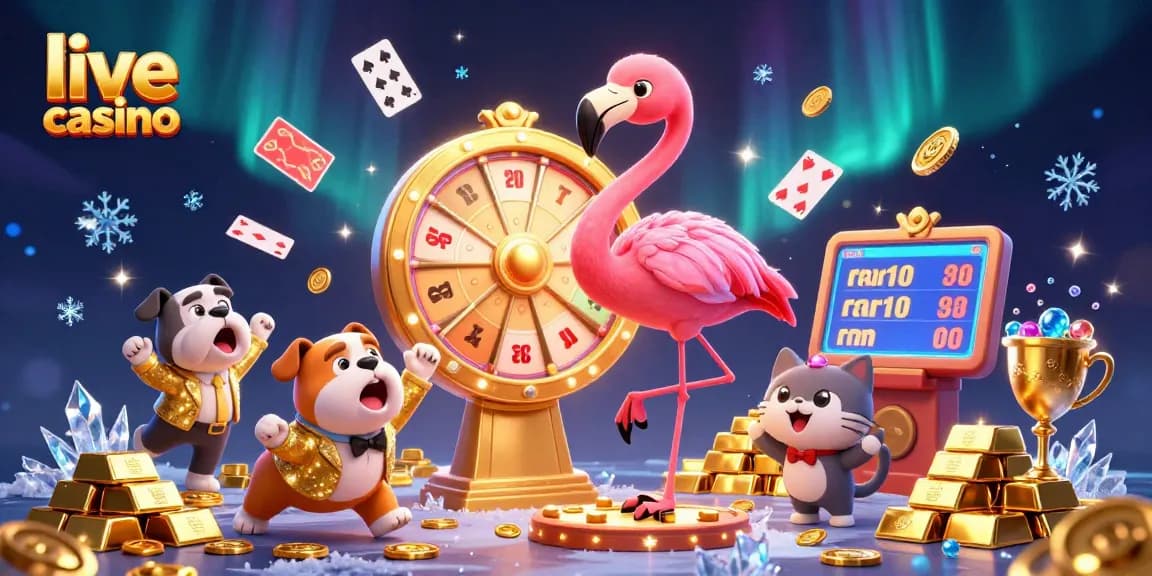 Experience exhilarating live casino action with a game show host flamingo, excited bulldog, and treasure-filled background.