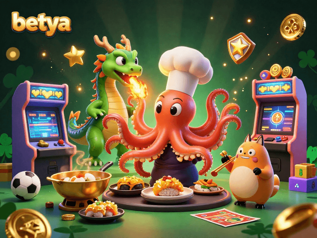 Engage with betya's vibrant 3D gaming scene featuring an octopus chef and exciting gaming elements.