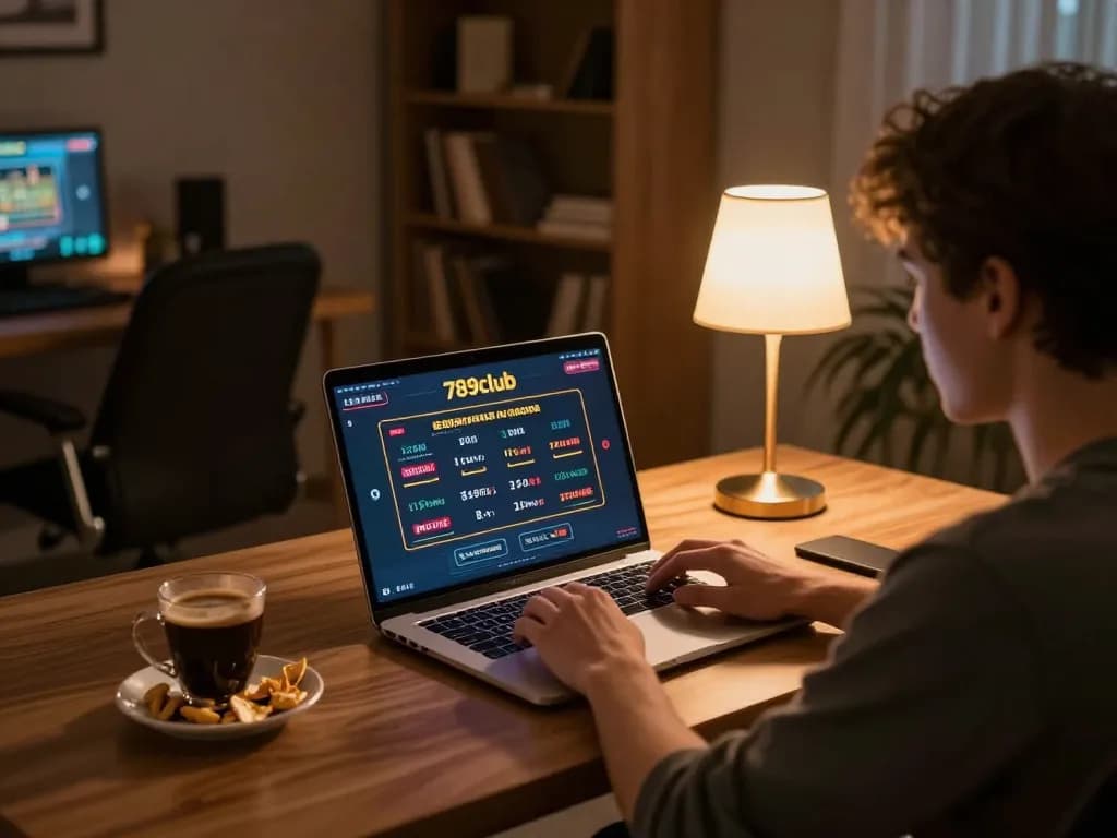 Engaged player betting on 789club through online casino interface in a cozy home setup.