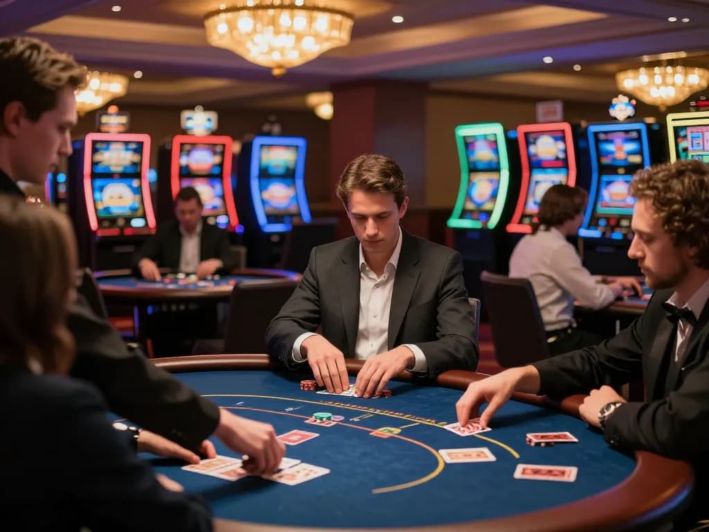 nk88 players enjoying a dynamic poker game on an upscale casino floor with vibrant atmosphere