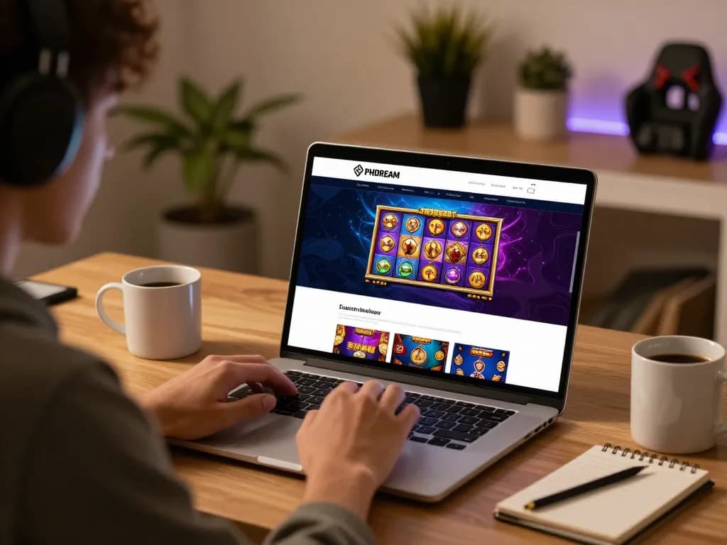 PHDREAM6268 gamer focused on online slots, cozy and modern home setup reflecting responsible gambling.