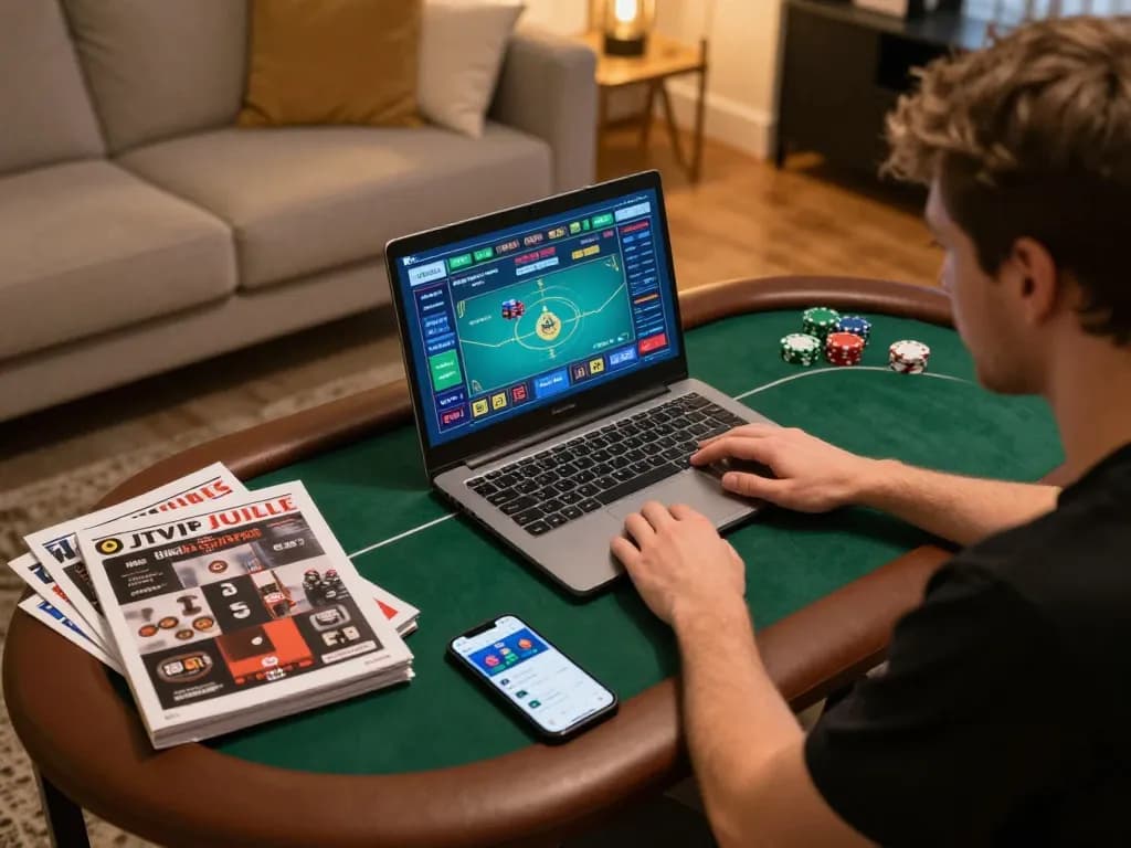 Engaging in online poker strategies with Go 88 app on laptop in cozy home setting