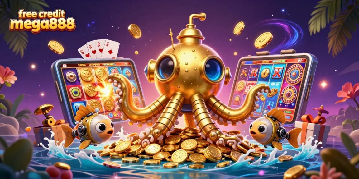 Experience the excitement of free credit mega888 with a colorful 3D illustration displaying festive casino elements and vibrant characters amid golden coins.