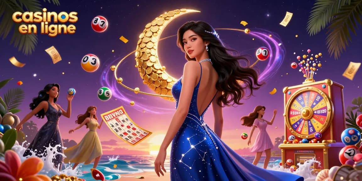 Vivez une expérience de jeu vibrante avec les casinos en ligne tandis que des éléments colorés entourent un personnage élégant.