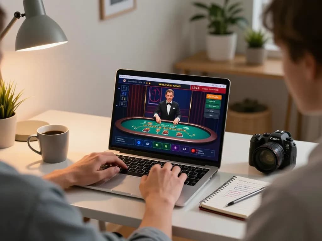 Player enjoying 68win online blackjack game on laptop in a cozy home setup