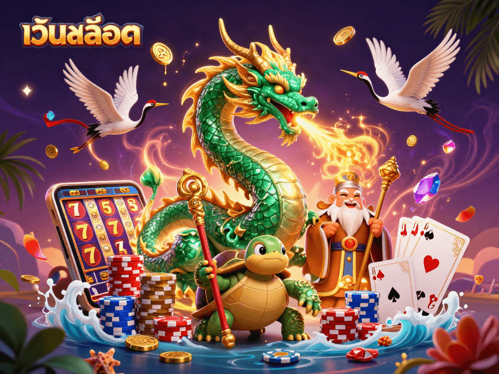 Spin the reels with เว็บสล็อต, where dragons, turtles, and lucky cranes fill the casino sky.