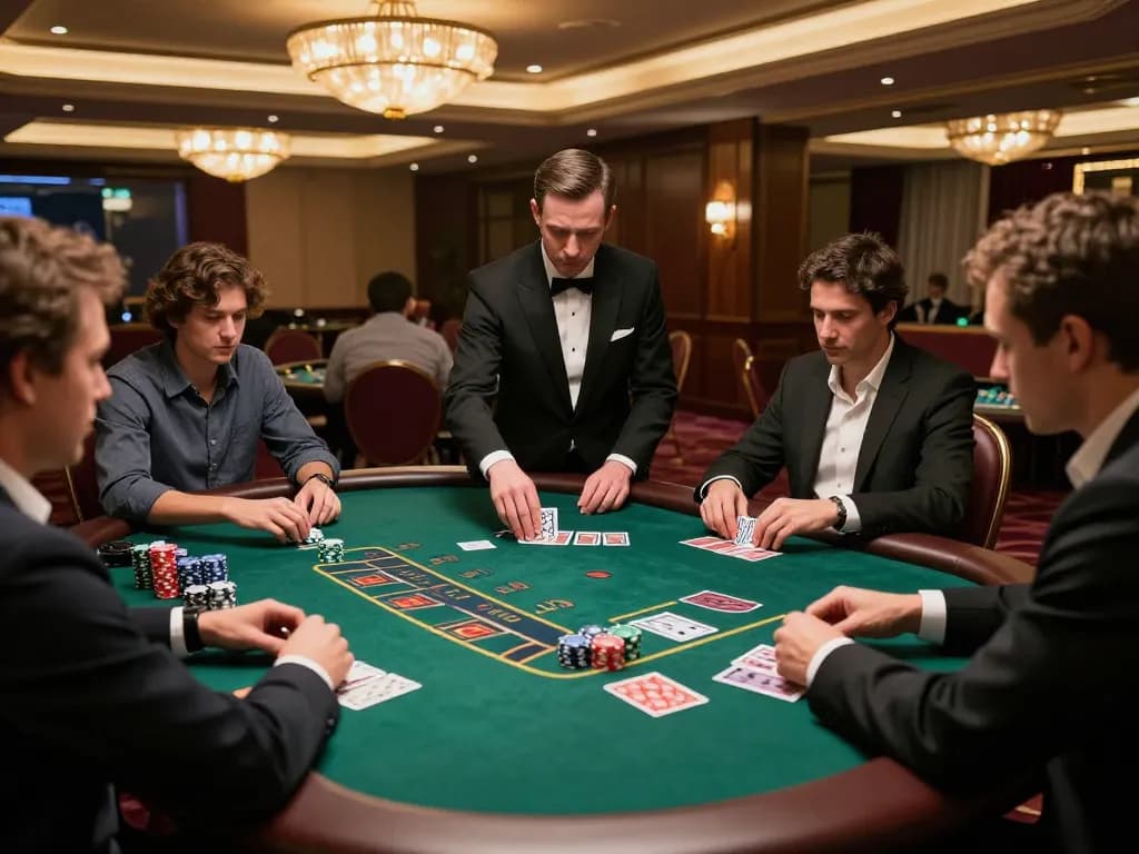 Players strategize at a blackjack table in an upscale casino, rik88 gameplay in focus