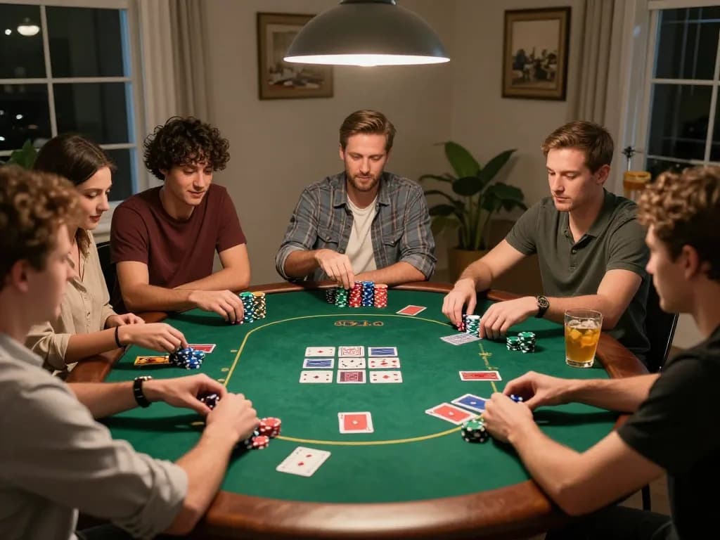 Social poker night showcasing gameplay and strategy at home around a round table, capturing the essence of online USA casinos.