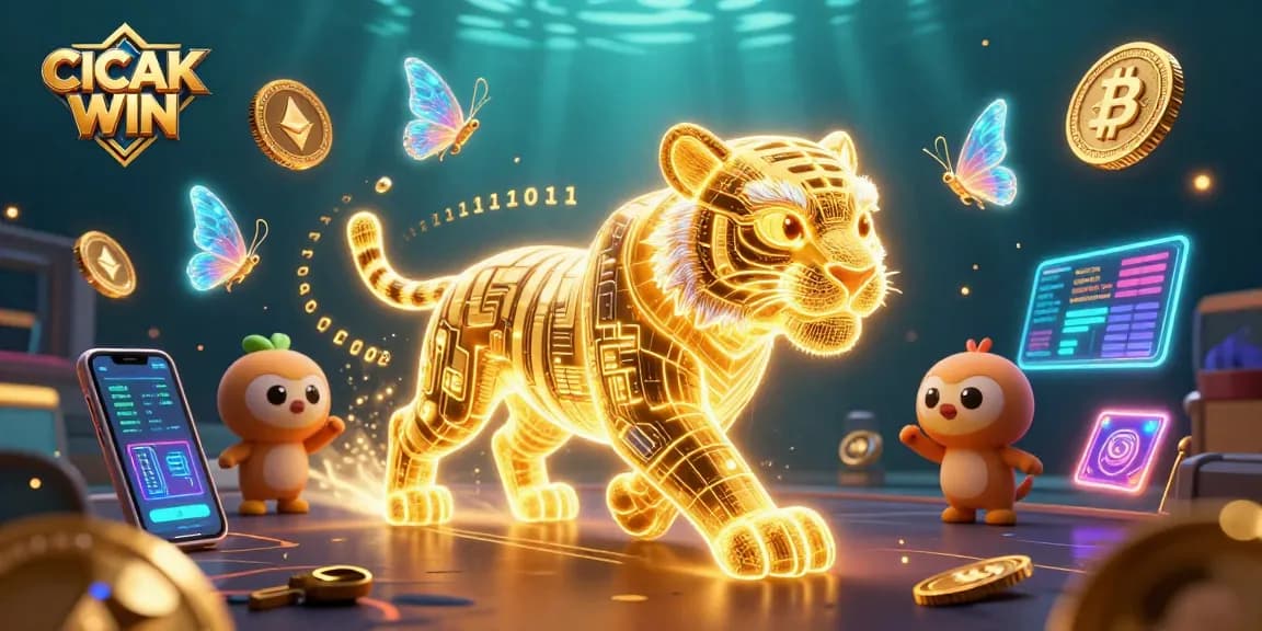 CICAK WIN showcases a vibrant digital casino scene featuring a golden tiger amidst glowing crypto elements and holographic displays.