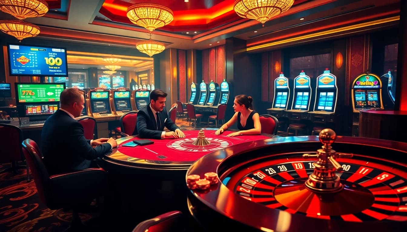 Engaging casino atmosphere illustrating shbet là gì? with poker players and dynamic gambling action.