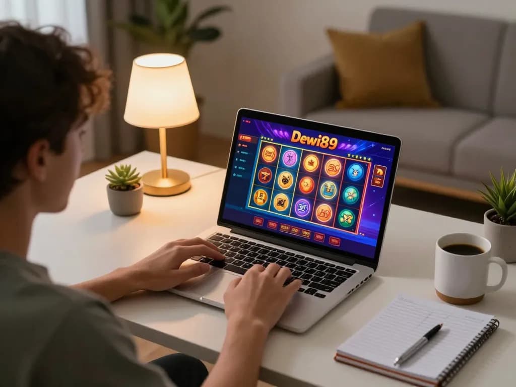 Sesi permainan daring Dewi89 dengan tampilan slot yang cerah dan pemain di meja, menggambarkan gameplay strategis.