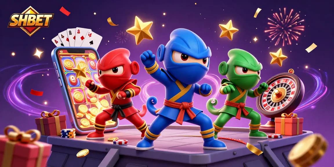 Win big with SHBET as chameleon ninjas celebrate casino games and exciting action.