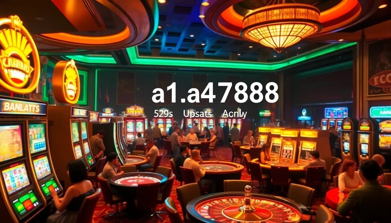 Suasana perjudian yang meriah menampilkan mesin slot aman788 dan meja yang dipenuhi pemain yang antusias.