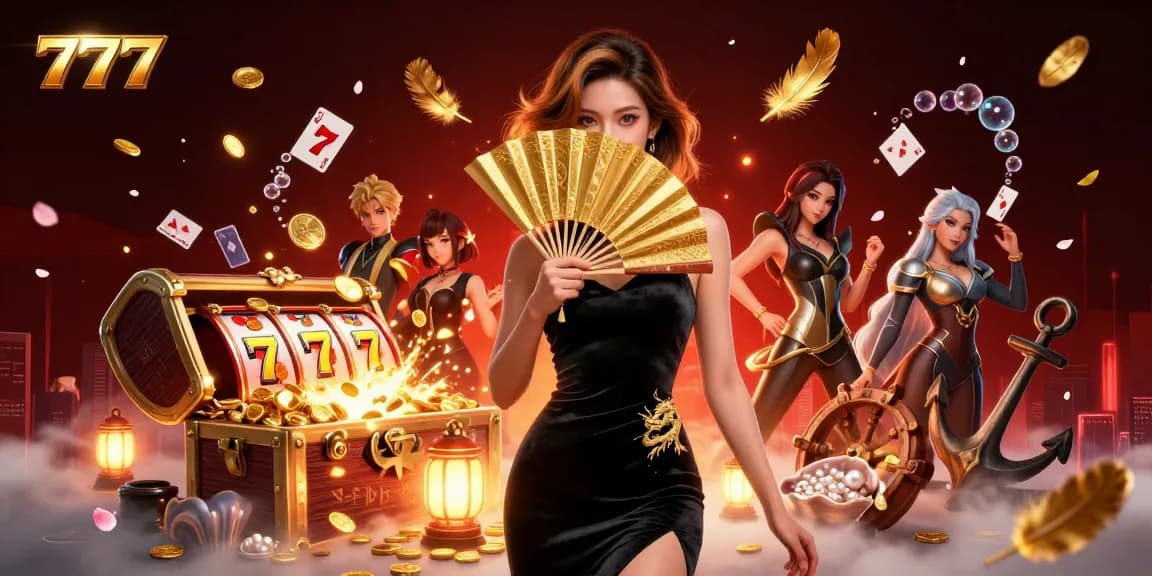 Experience thrilling gameplay with 777-themed casino ambiance featuring elegant characters and dynamic treasures.