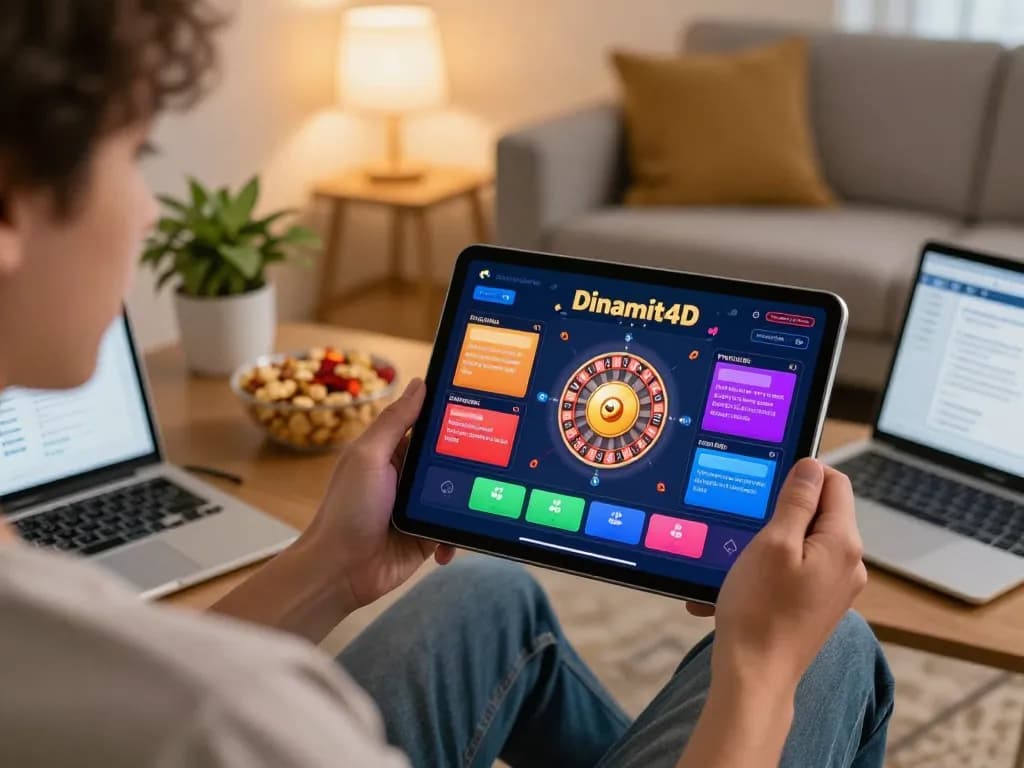 Engaged player gaming on Dinamit4D showing roulette table on tablet in cozy home setting.