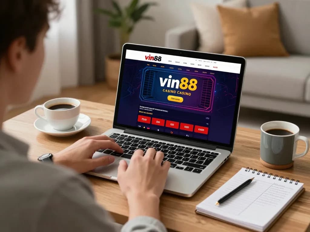 Engaging online gaming session at vin88 with cozy home setup and laptop displaying casino interface.