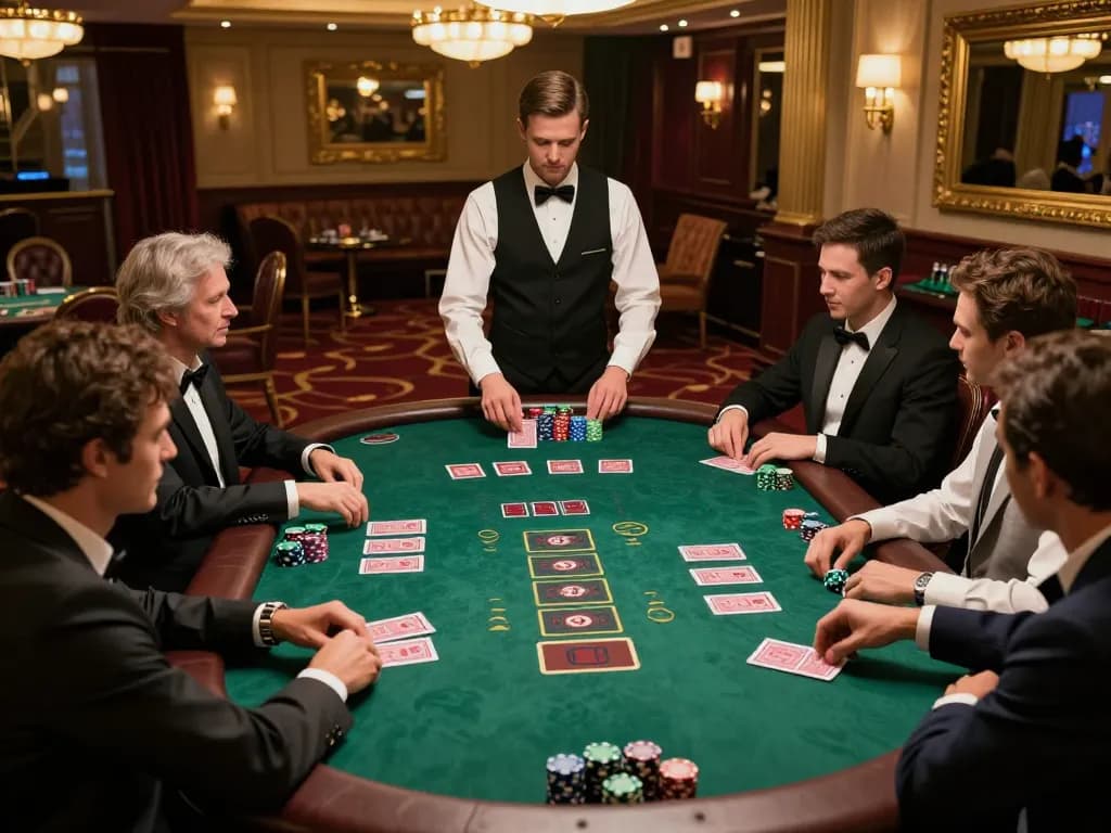 Pemain terlibat dalam permainan blackjack strategis di meja kasino mewah sambil menggunakan websitedevuk.
