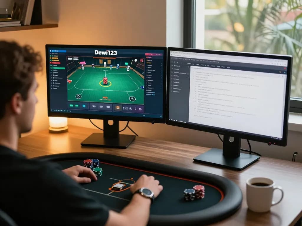 Pemain menyusun strategi di dewi123 dengan dua monitor yang menampilkan gameplay poker langsung dan catatan
