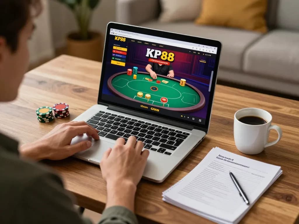Engaging with KP88 online casino on laptop, showcasing an immersive home gaming atmosphere.
