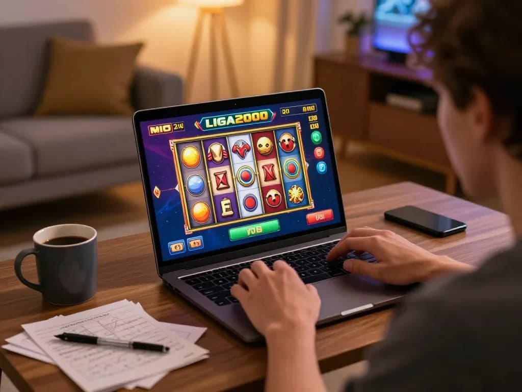 LIGA2000 user enjoying slot games on a laptop at home with a cozy setting.