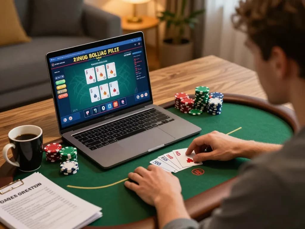 Online poker player registering and strategizing during an intense game session with notes.
