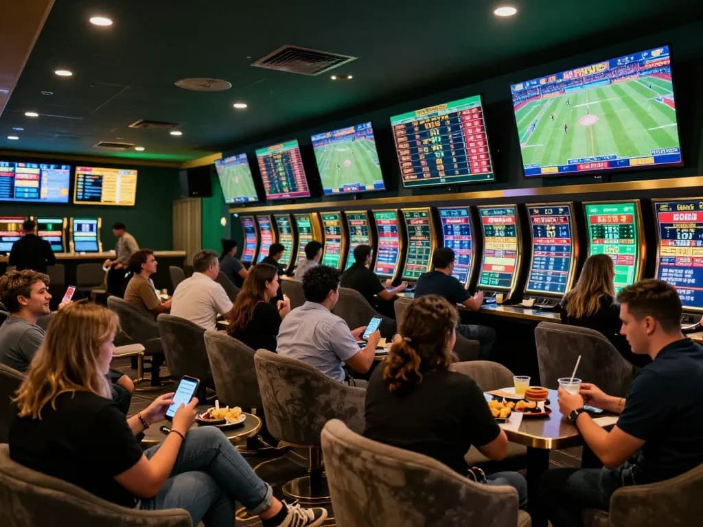 Active sports betting atmosphere at RR99 with bettors analyzing odds and placing wagers