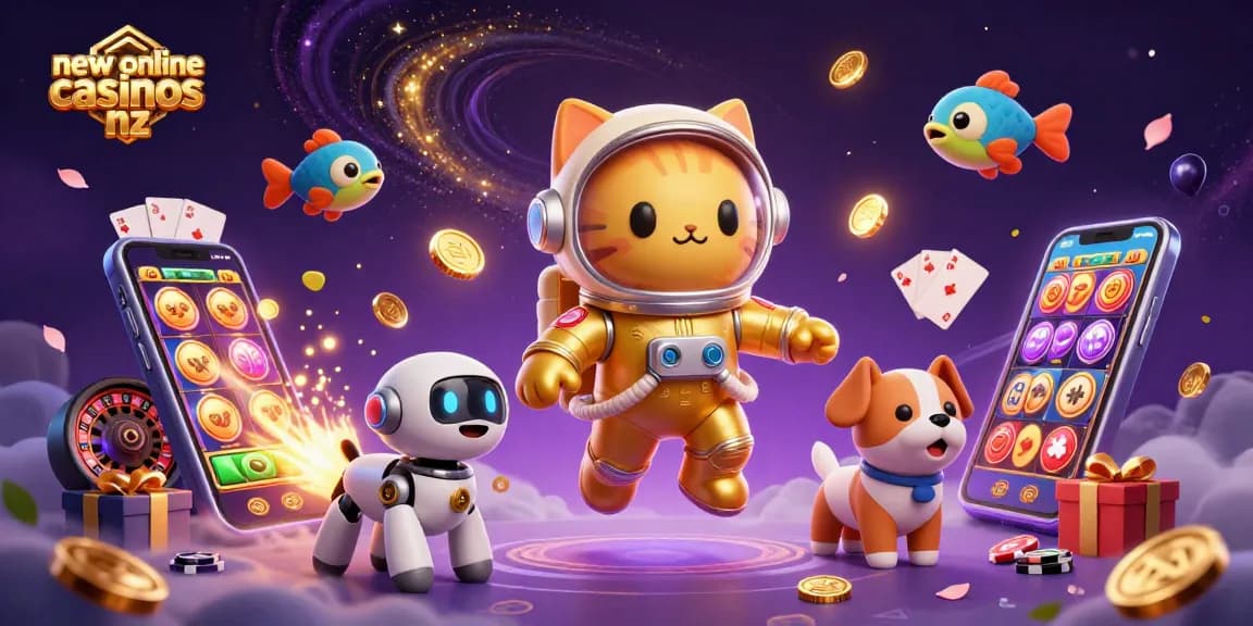 Experience excitement at new online casinos nz with a vibrant 3D illustration of casino games and characters.