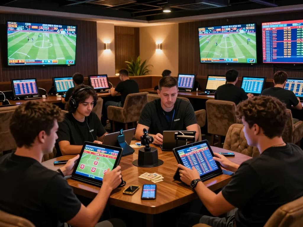 Betting excitement at 8xbet sports lounge with players engaged in live-action betting.
