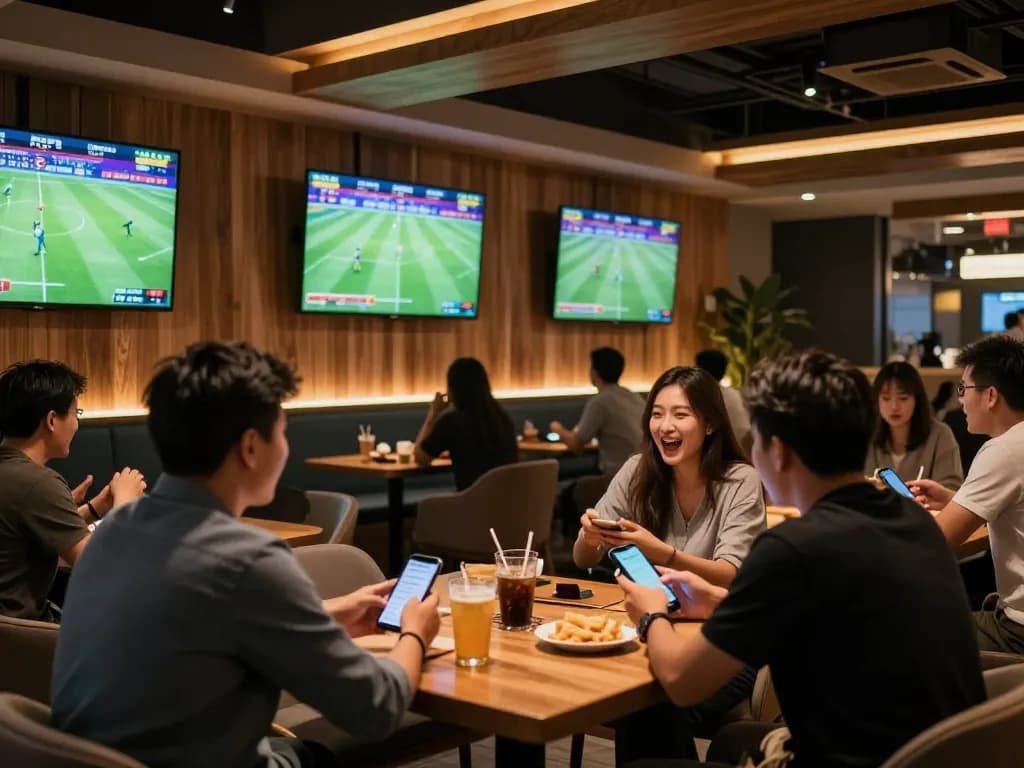 Nowgoal sports betting scene with enthusiastic fans cheering and analyzing live odds on screens.