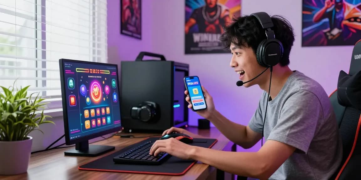 Exciting Winbox login online experience with a young player engaging on his laptop and smartphone at home.