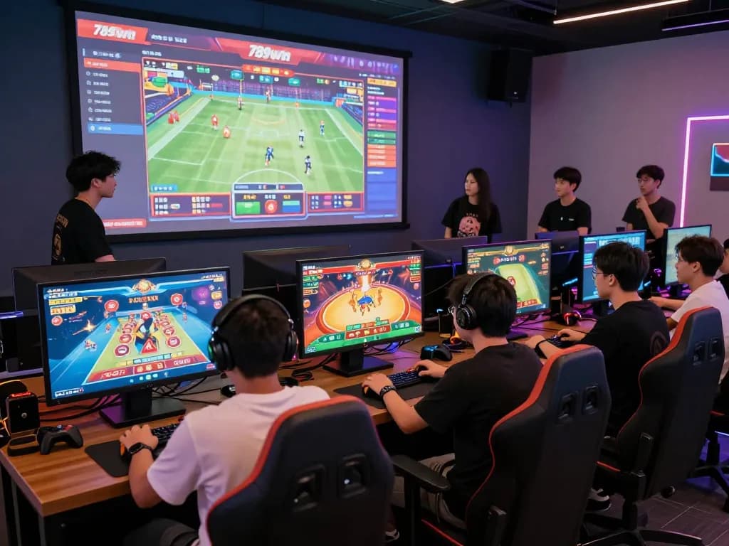 Engaged players enjoying online gaming on the 789win platform in a colorful lounge.