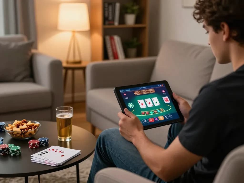 Player enjoys online blackjack with XX88 on a tablet in a cozy, stylish living room.