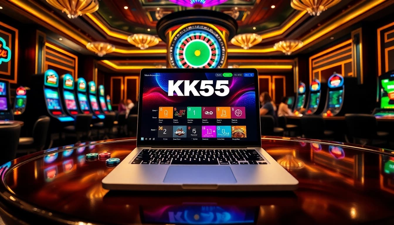Engaging in thrilling gameplay at the KK55 online casino, surrounded by vibrant slot machines and poker tables.