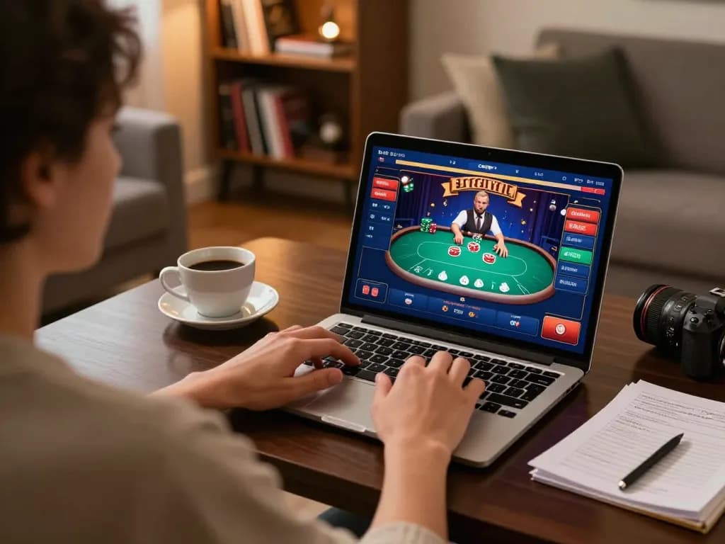 Engaging in strategic online gaming at MM99 COM in a stylish home environment with vibrant poker interface