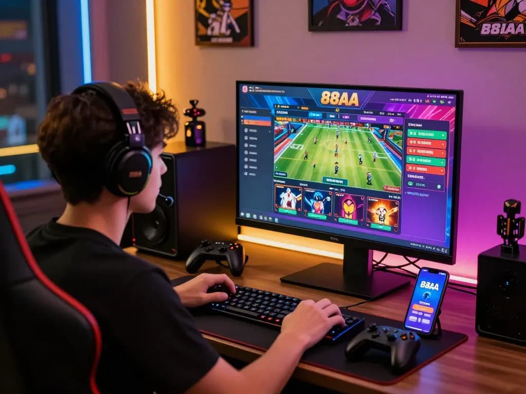 Engaged player in a modern gaming setup experiencing 88aa bet đăng nhập with vibrant visuals and sports betting options.