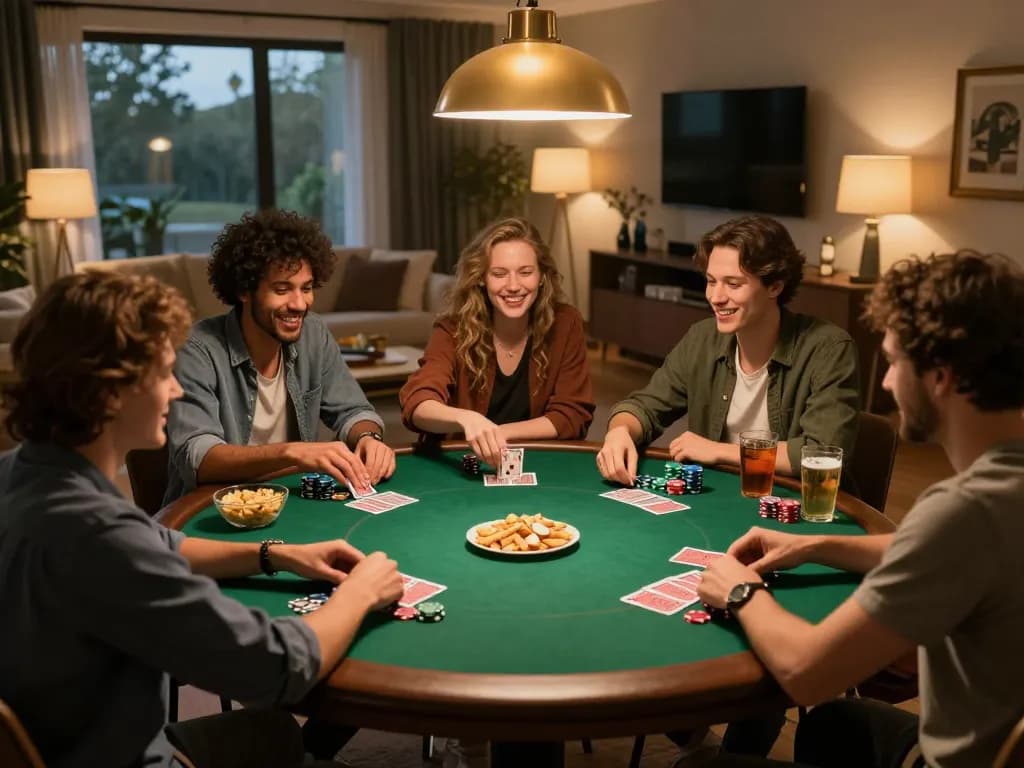 Suasana malam poker yang menarik dengan teman-teman bermain bersama terinspirasi oleh https://90degreeswestband.com untuk pengalaman perjudian sosial.