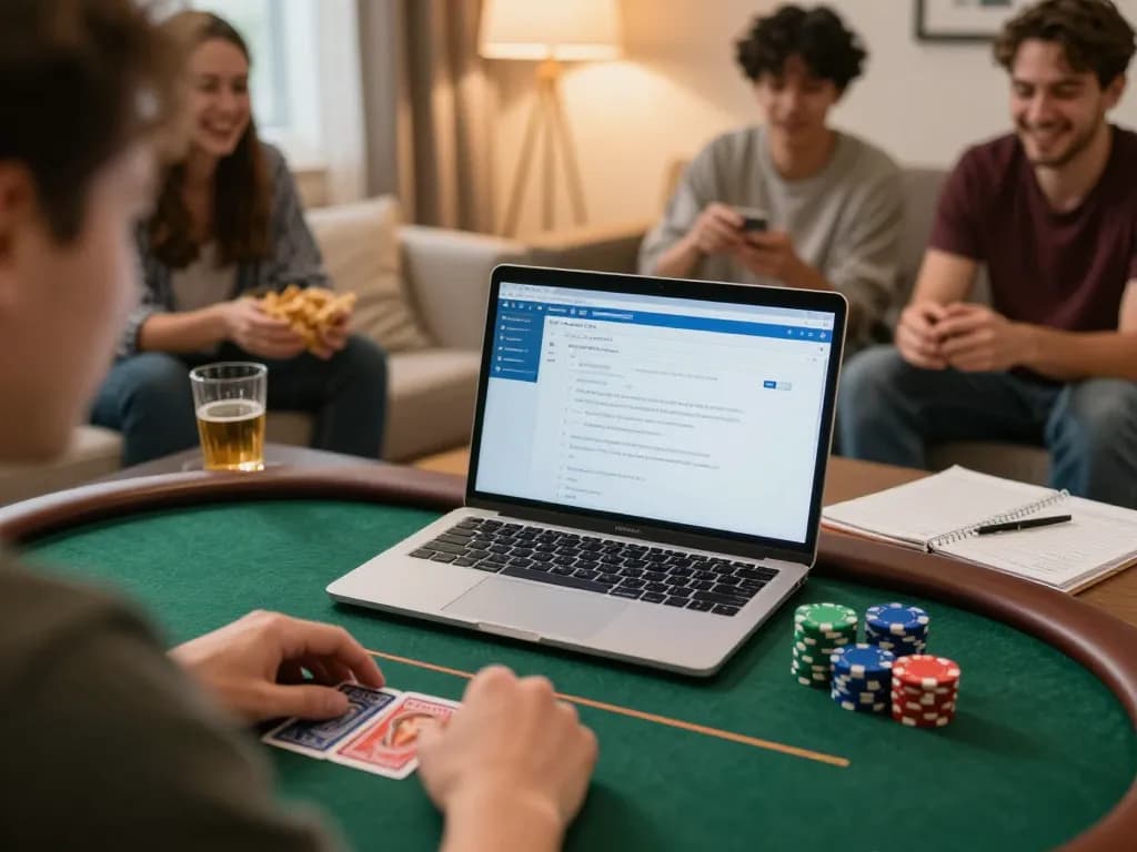 Player engaged in an online poker game with laptop showing poker interface, amidst friends celebrating, reflecting strategic gaming with m106.
