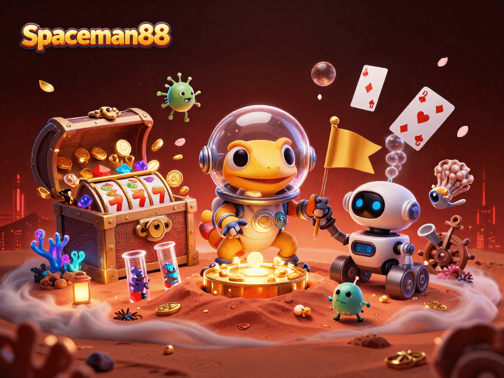 Win big at spaceman88 with this vibrant alien-themed slot casino scene!