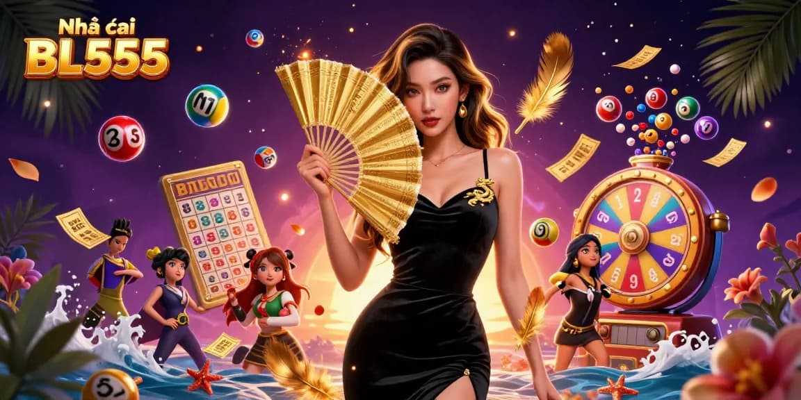 Engage with Nhà cái BL555 through a dazzling 3D illustration featuring dynamic lottery elements and a stunning Asian character.