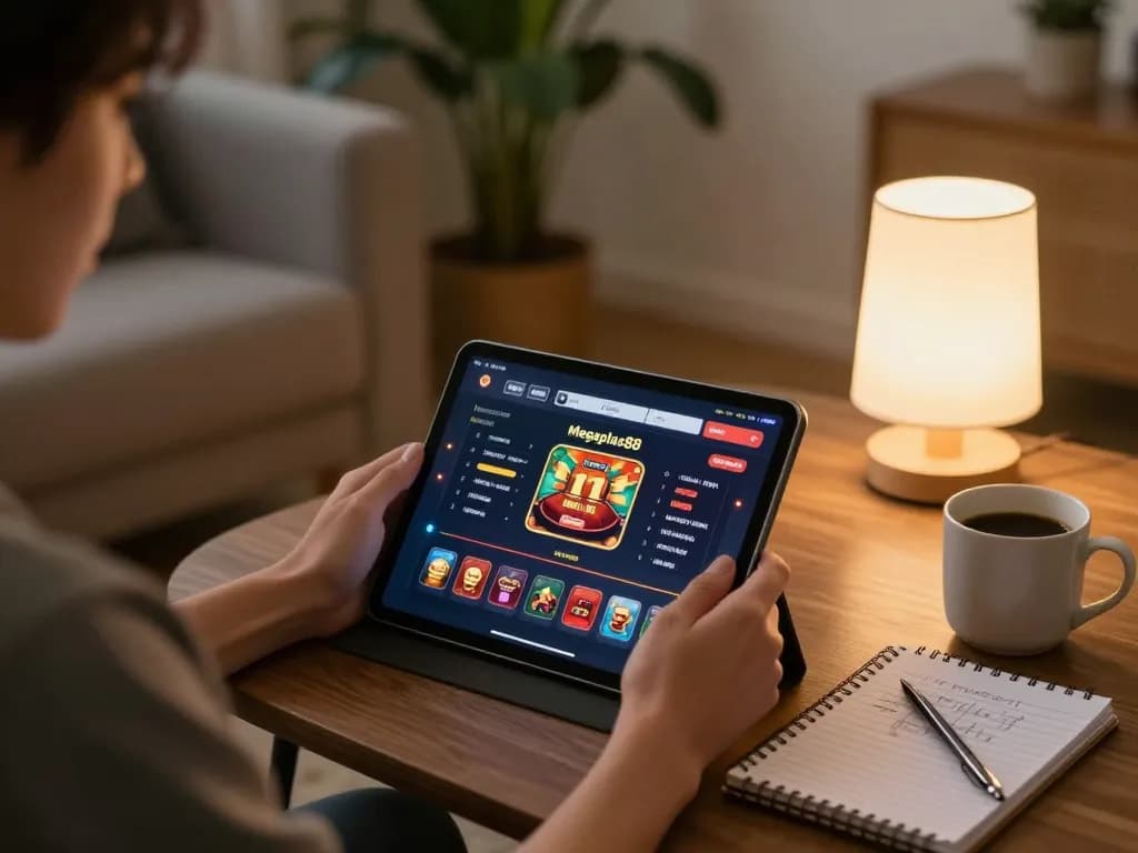 Engaging with the megaplus88 online casino app in a cozy home setup, showcasing a tablet and strategic notes