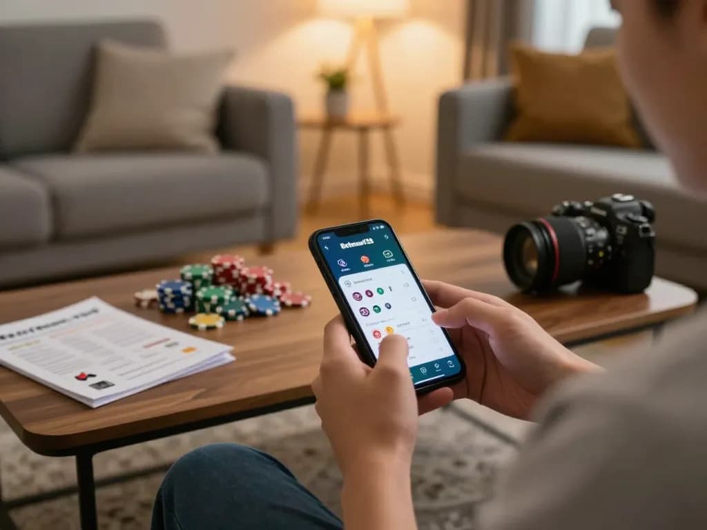 Engaging with Betmen138 app for mobile gaming in a cozy living room.