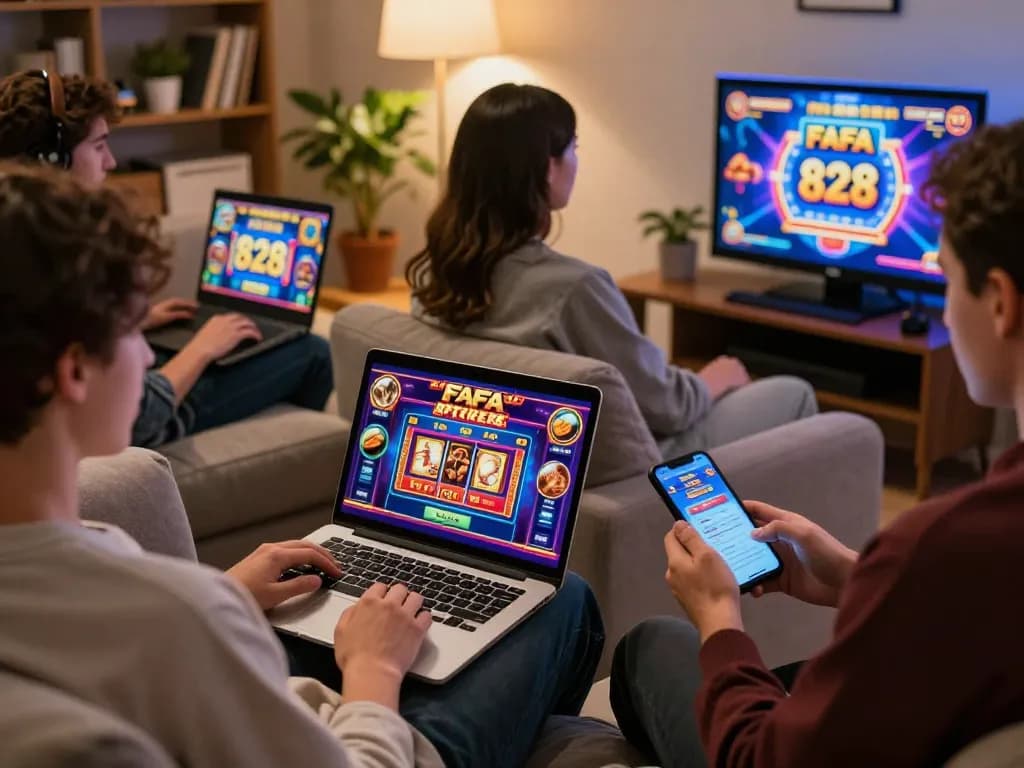 Users enjoying FAFA 828 online slot games on laptops and smartphones, showcasing a cozy gaming environment