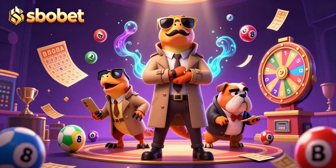 Bet on sbobet with playful 3D illustration of raptors in a trench coat and a bulldog bouncer at a casino.