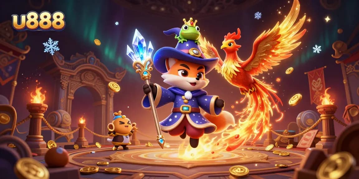 Experience the thrill of u888 with a mystical casino adventure featuring a wizard fox and phoenix.