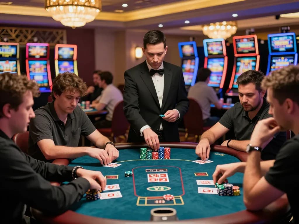 Players engaged at a poker table in an upscale casino, experiencing the excitement of a Da88 gaming night.