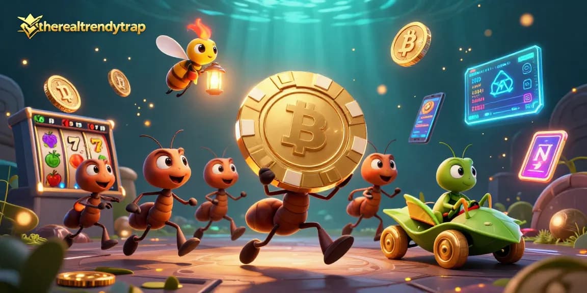Permainan slot menarik di therealtrendytrap: Tim semut mencuri chip poker emas dalam gambaran 3D yang dinamis.